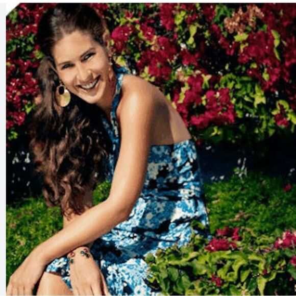 Tory Burch Blue Floral Silk Halter Neck Midi Dress $550 - Picture 2 of 7